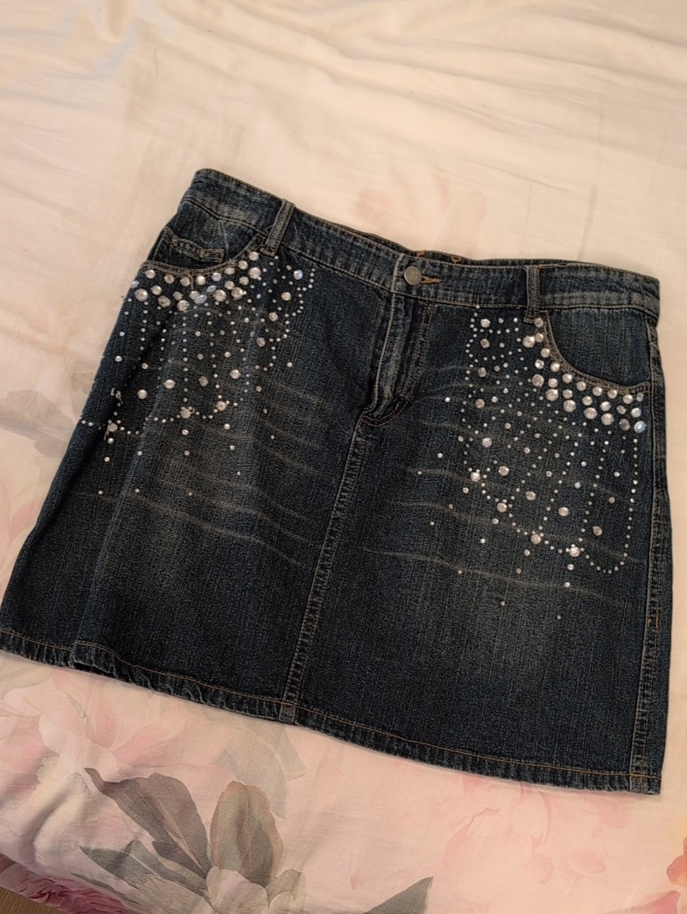 Cache Dark Blue Denim Mini Skirt with Pearl and Crystal Accents